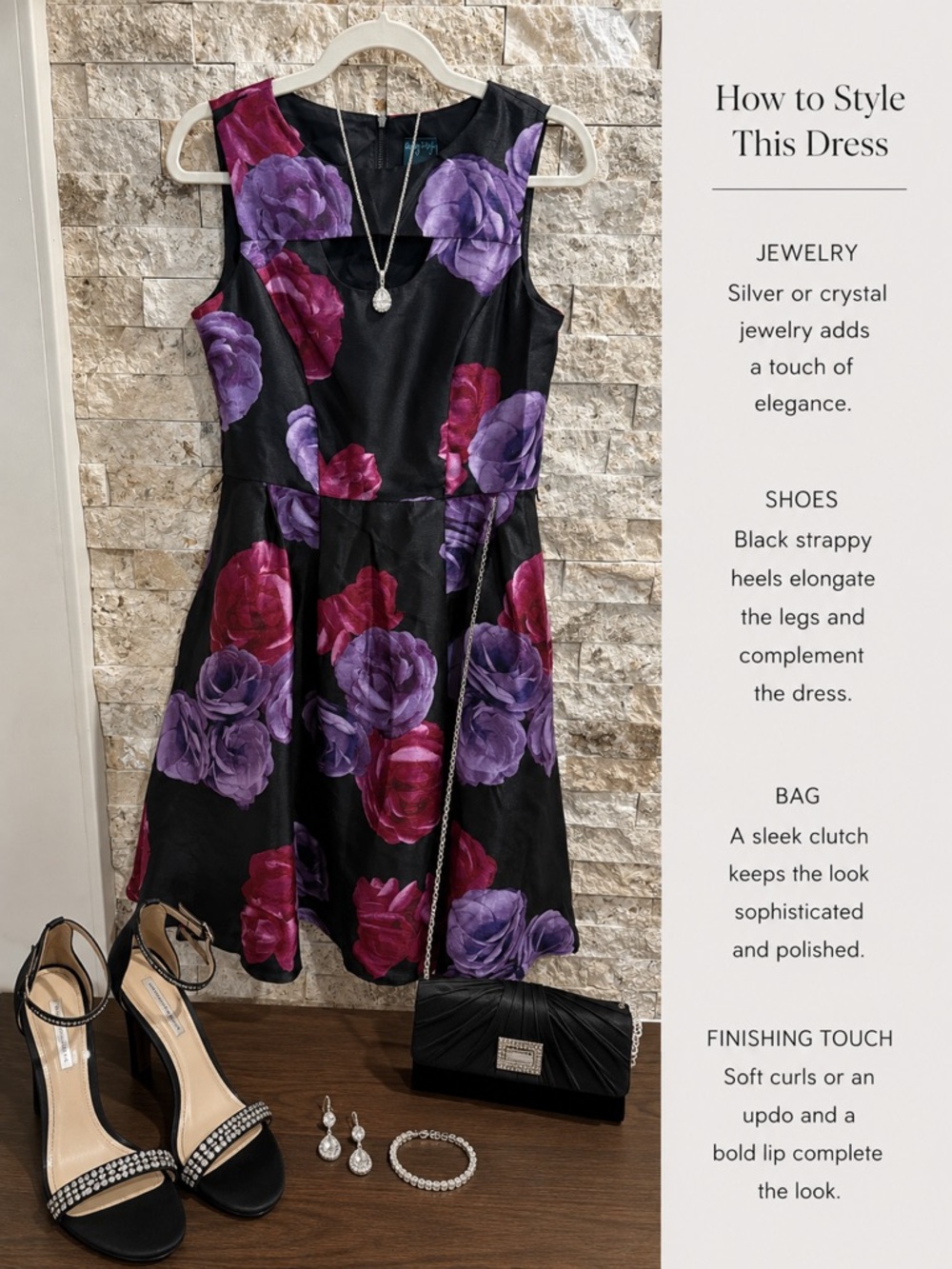 Gabby Skye Black Midi Dress with Purple & Magenta Rose Print size 6